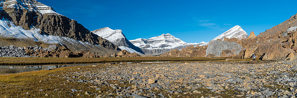 Looking back at Eric as we enter some flats along the Brazeau River. A bunch of unnamed, but not unimpressive, peaks in the bg.