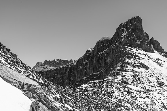 Finally cresting the lower ridge after groveling up on snowy, bouldery terrain for an hour. This is looking back, we have to follow up the ridge to the left.