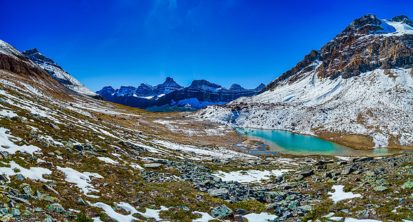 Views back over a tarn at Cline Pass.