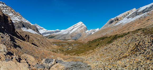 Looking back down a shallow draw that we ascended, the unnamed peak above Nigel Pass looming in the bg.