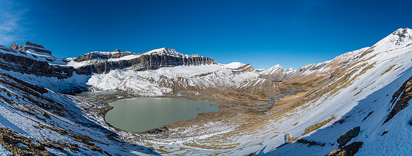 Looking back over our approach to Cataract Pass (R) and the glacial tarns under the unnamed peaks from near Cataract Pass.