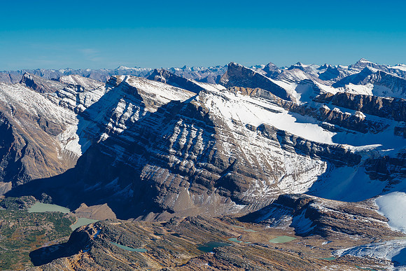Cornice and Cloister are a mid distance beyond unnamed peaks over the Afternoon Lakes valley.