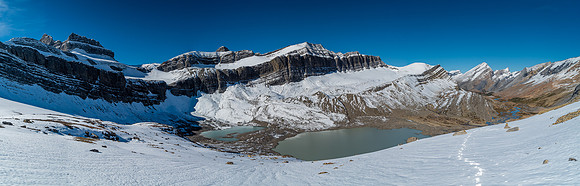 Looking back over our approach to Cataract Pass (R) and the glacial tarns under the unnamed peaks from near Cataract Pass.