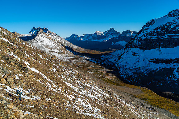 Descending to Cline Pass as the afternoon shadows grow into evening ones.