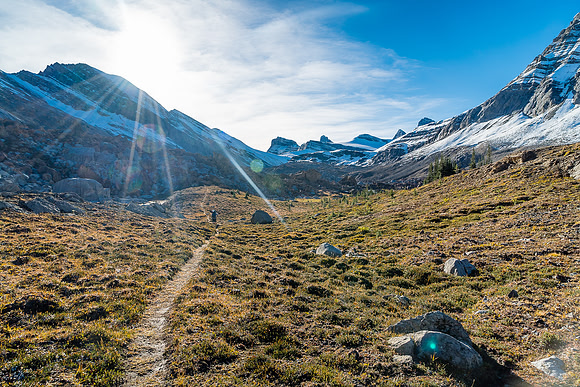 Hiking towards a still-distant Cataract Pass directly into the morning sun.