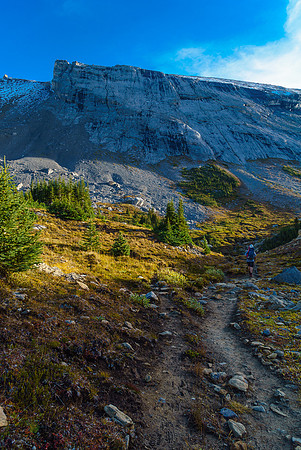 Getting closer to Nigel Pass now, some of the impressive slab above Eric has slid into the pass area, making for interesting hiking.