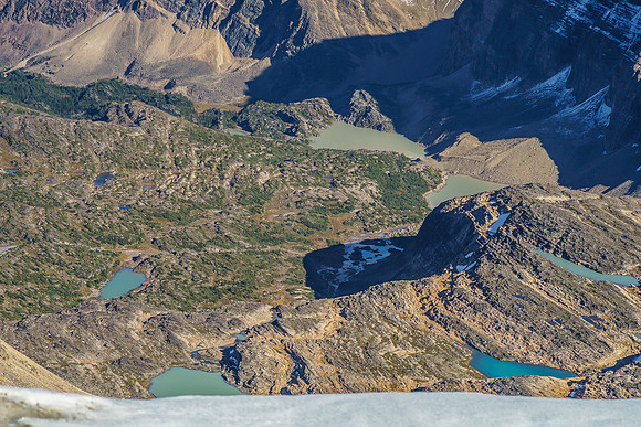 Tele of some of the lakes in the hanging valley south of the summit.