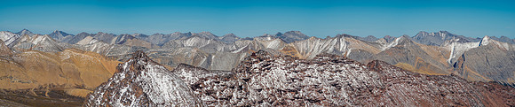 Views over Afternoon Peak to Whisker (L), Sam Rogers, Ribbon, Dark Storm, Lonely and Hangman Peak.
