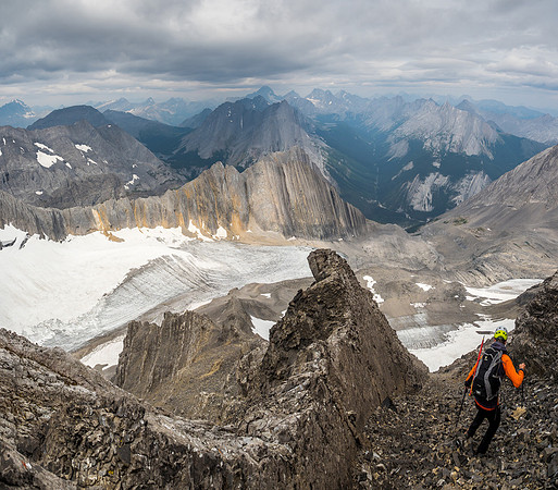 A better view of things in the top scree gully. Note the well-defined rock rib running down along its left side.
