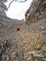 Coming up the manky gully. Only 3rd class with careful routefinding, but lots of room for problems here including knocking rocks on each other.