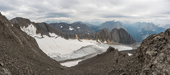 Looking back at Kane's abutment ridge right of center and our rubble ascent slope left of center from the glacier.