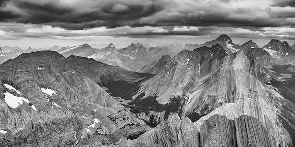 Looking over the Three Isle Lake area includes peaks such as Worthington (L), Cradock, Beatty, Sir Douglas, Putnik, Robertson (L to R) and Mount French at far right.