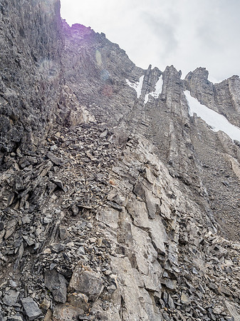 Looking up the slabby gully from where we popped into it off the NW face. The snow-filled gullies ahead are where Raf and Andrea got a bit off route on their ascent.