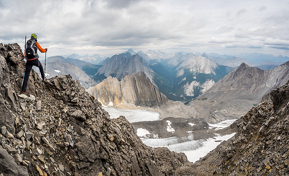 We are now traversing left over the NW face to get into the slabby gully which is out of sight to our left. You can see the two Lyautey glaciers now.