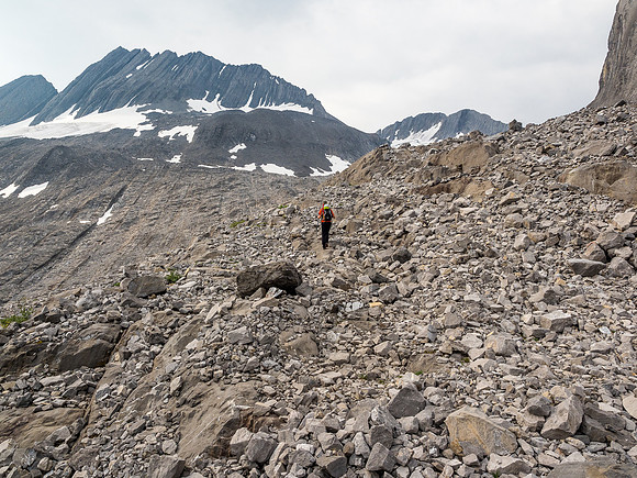Lyautey is finally in view as we continue to trend left and forward to the still out of sight glacier. Kane's access moraine is now visible above Phil's head in the distance.