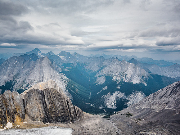 Views up the Upper Kananaskis River towards Turbine Canyon, Maude Lake and the Haig Glacier areas include Beatty, Maude, Sir Douglas, Putnik, Robertson, French, Jellico, Smith Dorrien, Black Prince,