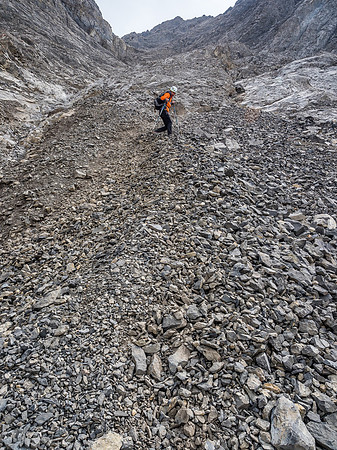Exiting the gully on rubble to the glacier.