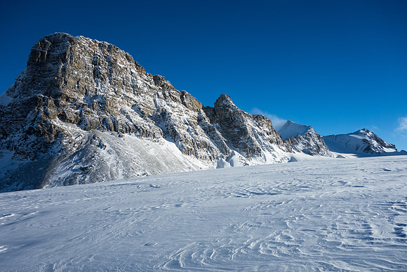 In this view from underneath St. Nicholas, it looks like St. Nich must tower over everything on the Wapta, but in truth it's a relatively low ridge
