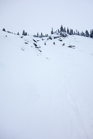 Skiing down the steep gully coming off the Little Crowfoot approach.