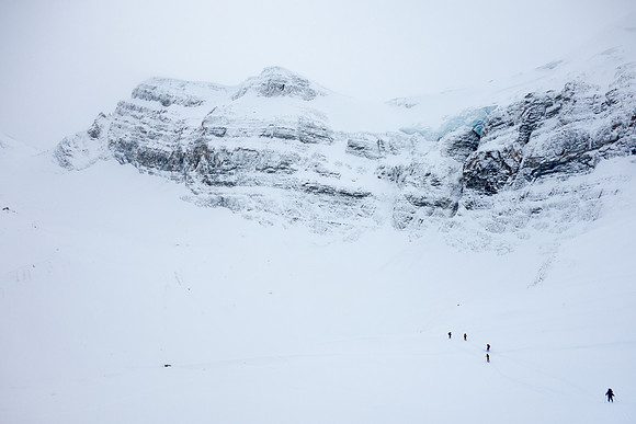 VERY flat light as we ski down the headwall beneath the hut, underneath the Vulture Ice cap.