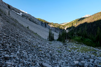 The steep grunt up to the headwall guarding the upper Foch Creek valley.