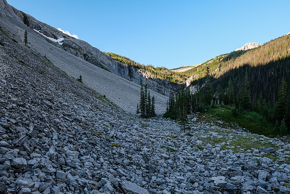 The steep grunt up to the headwall guarding the upper Foch Creek valley.