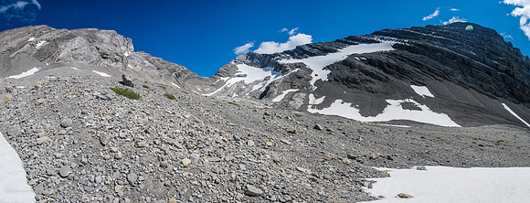 Another look back at the false summit (R) and the bench route up to center from lower right.