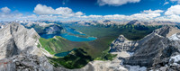 Stunning views over the Kananaskis and Rawson Lakes. Opal and Misty Ranges at right.