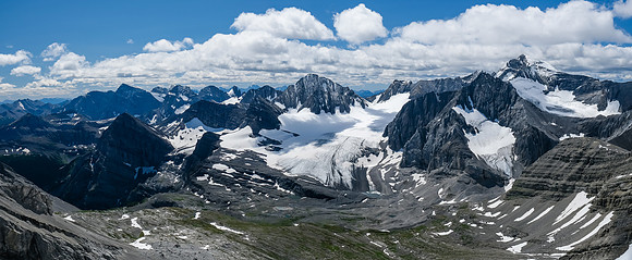 Glorious views up the Petain Glacier towards McCuaig, Castelnau, Deville, Nev, Petain and Joffre.
