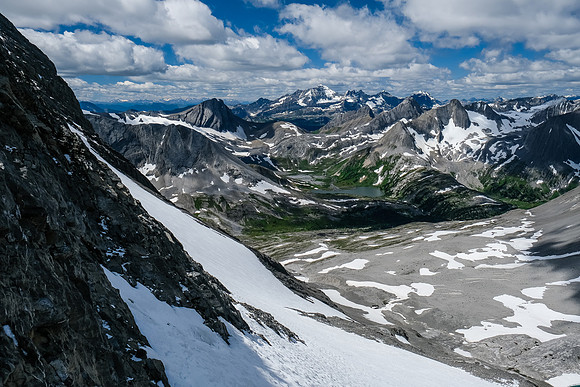 Looking down the exposed snow slope - rockfall every few minutes at high velocity.