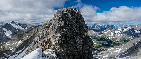 Looking back at a pretty loose and exposed downclimb along the summit ridge. Joffre at left.