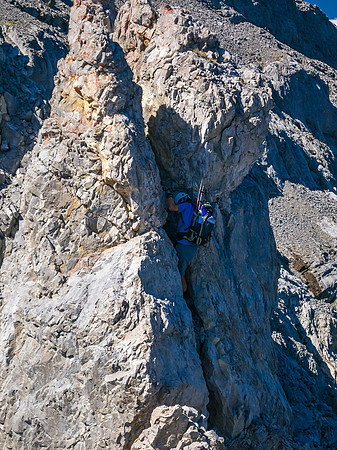 Descending the crux notch.
