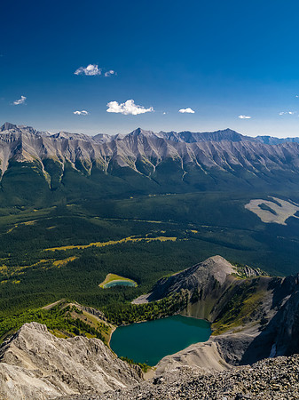 Frozen and Fox lakes from the loose scree slope before the summit.
