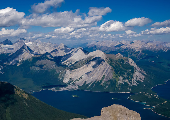 Looking over the Turret and Upper Kananaskis Lake to Mount Indefatigable, Invincible, Warspite, Nomad, Hermione Peak