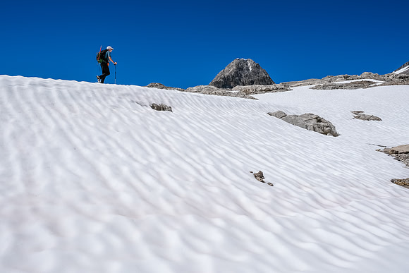 Traversing a narrow alpine valley towards Mount Augusta.