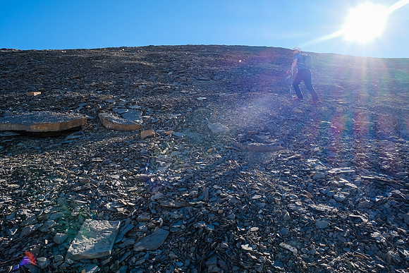 Hiking up the giant west scree slopes of Mount Harris.