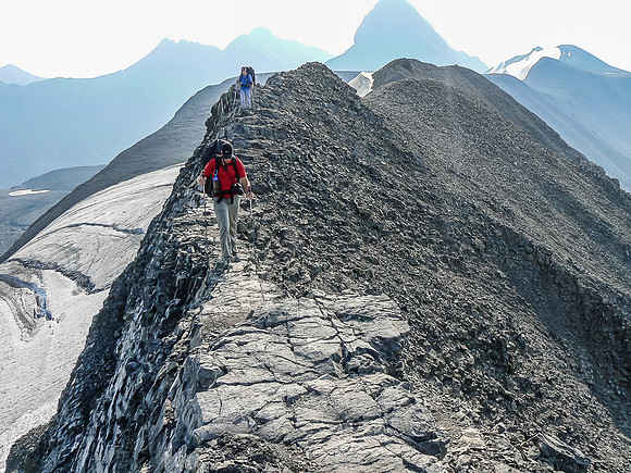 Looking back along the moderate exposed section of ridge as Vern and Rod balance over it. You do not want high winds or snow / ice here!