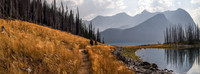 Hiking back along Upper Kananaskis Lake - back in thick smoke. Mount Sarrail and Foch at right.