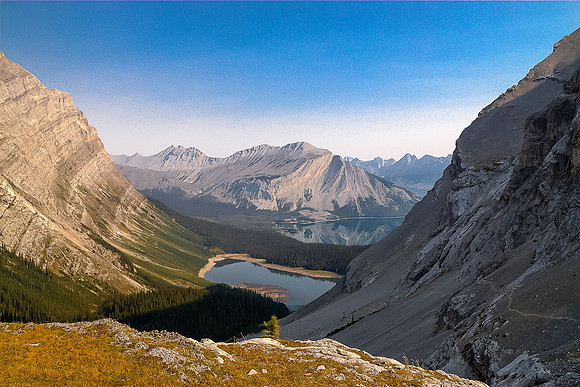 Gorgeous views from the upper headwall back over our ascent route - note the trail in the scree to the right.