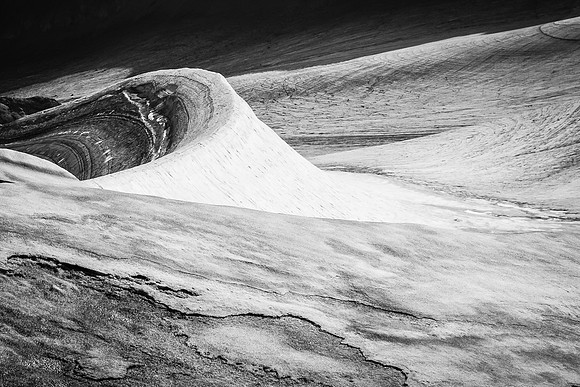 Interesting shapes on the small, receding glacier to the north of the route on the west side of Northover.