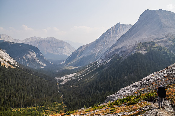 Incredible views from the top of the headwall down Three Isle Creek towards the Kananaskis River. Outliers of Lyautey on the right.