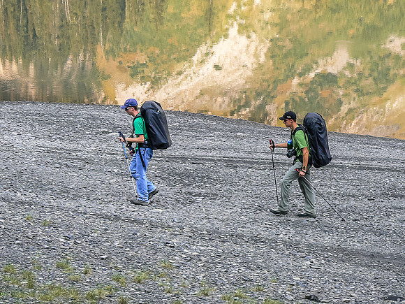 Rod and Vern are very glad to be hiking along the shoreline of Hidden Lake rather than bushwhacking around the east side of it.
