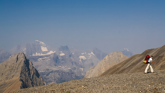 Jon with Onslow to the left and Defender just right of center. Royal peaks in the distance.