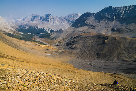 There was an obvious trail in the scree that took us down into the Three Isle headwater valley and towards Three Isle Lake