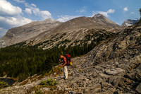 Jon takes a breather as we traverse ridges from Sarrail (rising in the bg) to the Aster Lake campground (behind me here).