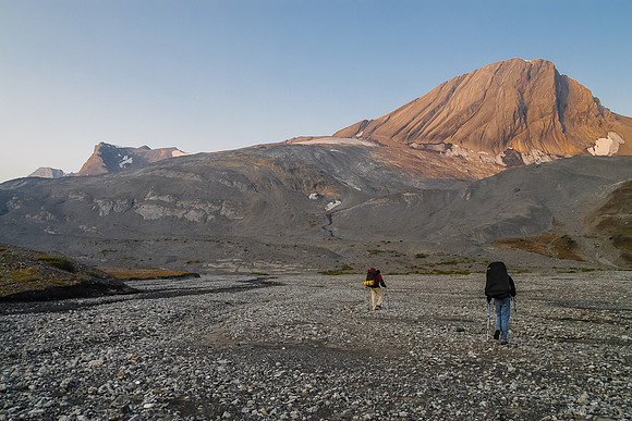 Hiking the glacial flats under Warrior towards the col with Northover which is just out of the photo to the right.