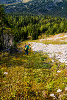 Descending a grassy gully near the bottom of the ridge.