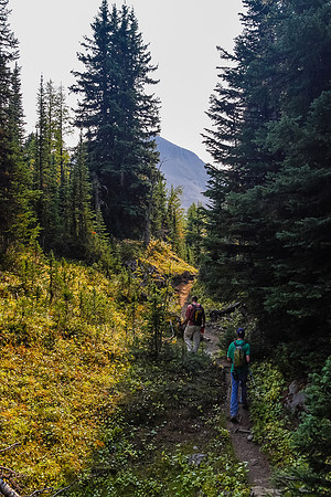 Back on the main trail to the dried up tarn and our (much!) bigger backpacks.