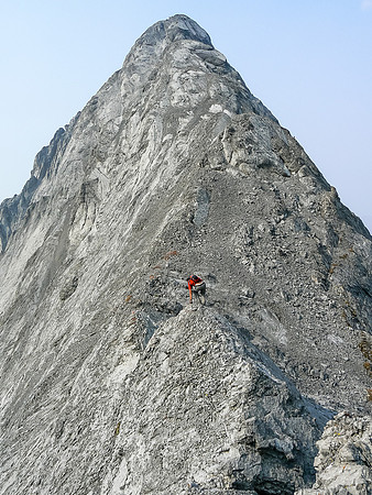Vern delicately balances over an 'easy' section of the south ridge - compared to the crux anyway!
