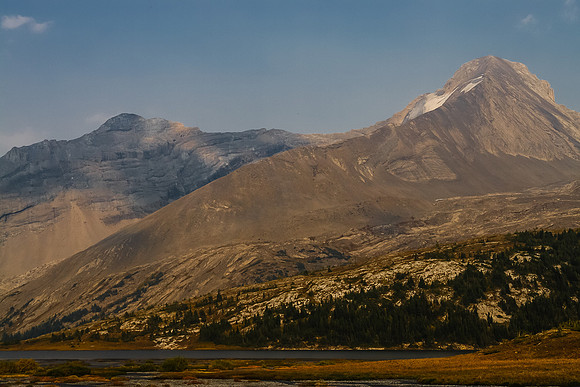 Mount Sarrail rises beyond Aster Lake as we hike back to the camp ground in fading light.